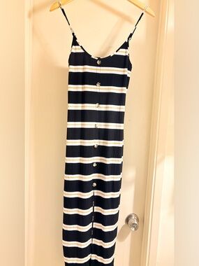No Boundaries Navy, White & Gold Striped Button-Front Maxi Dress